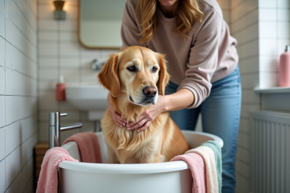 Femme lavant son chien golden retriever dans la salle de bain