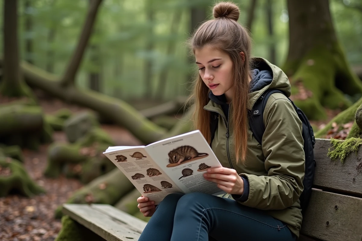 Jeune femme lit une brochure sur les musaraignes en forêt