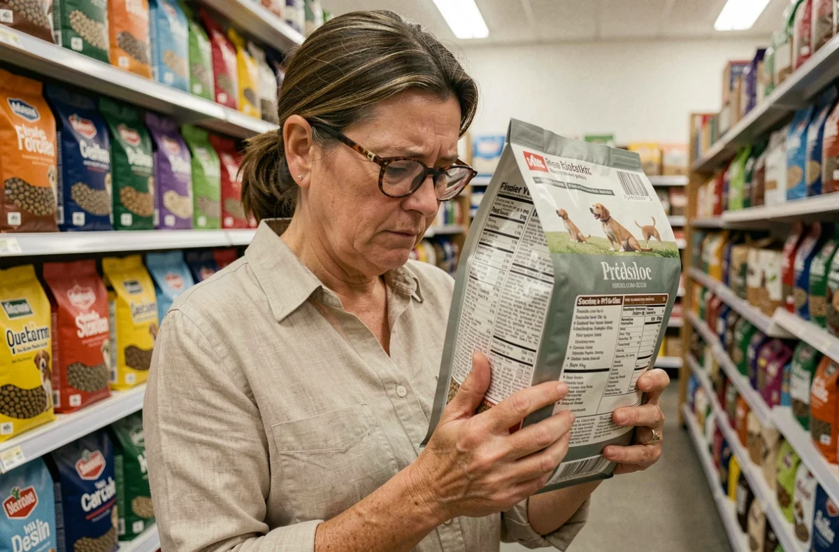 Femme lisant attentivement les ingrédients sur un sac de croquettes pour chien dans une animalerie
