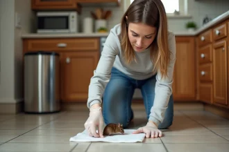 Femme prudente nettoyant des déjections de rat dans la cuisine