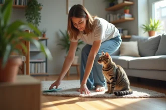 Femme nettoyant un parquet dans un salon moderne avec un chat