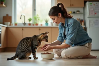 Jeune femme donnant à manger à un chat tacheté dans la cuisine