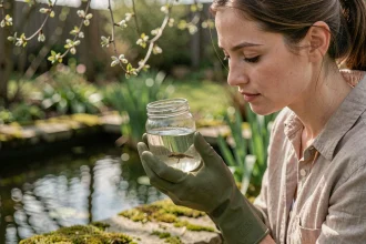 Jeune femme observant un têtard dans un bocal en verre au bord d'un étang de jardin au printemps
