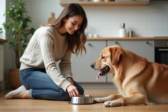 Jeune femme offrant un bol à un chien golden retriever dans une cuisine lumineuse