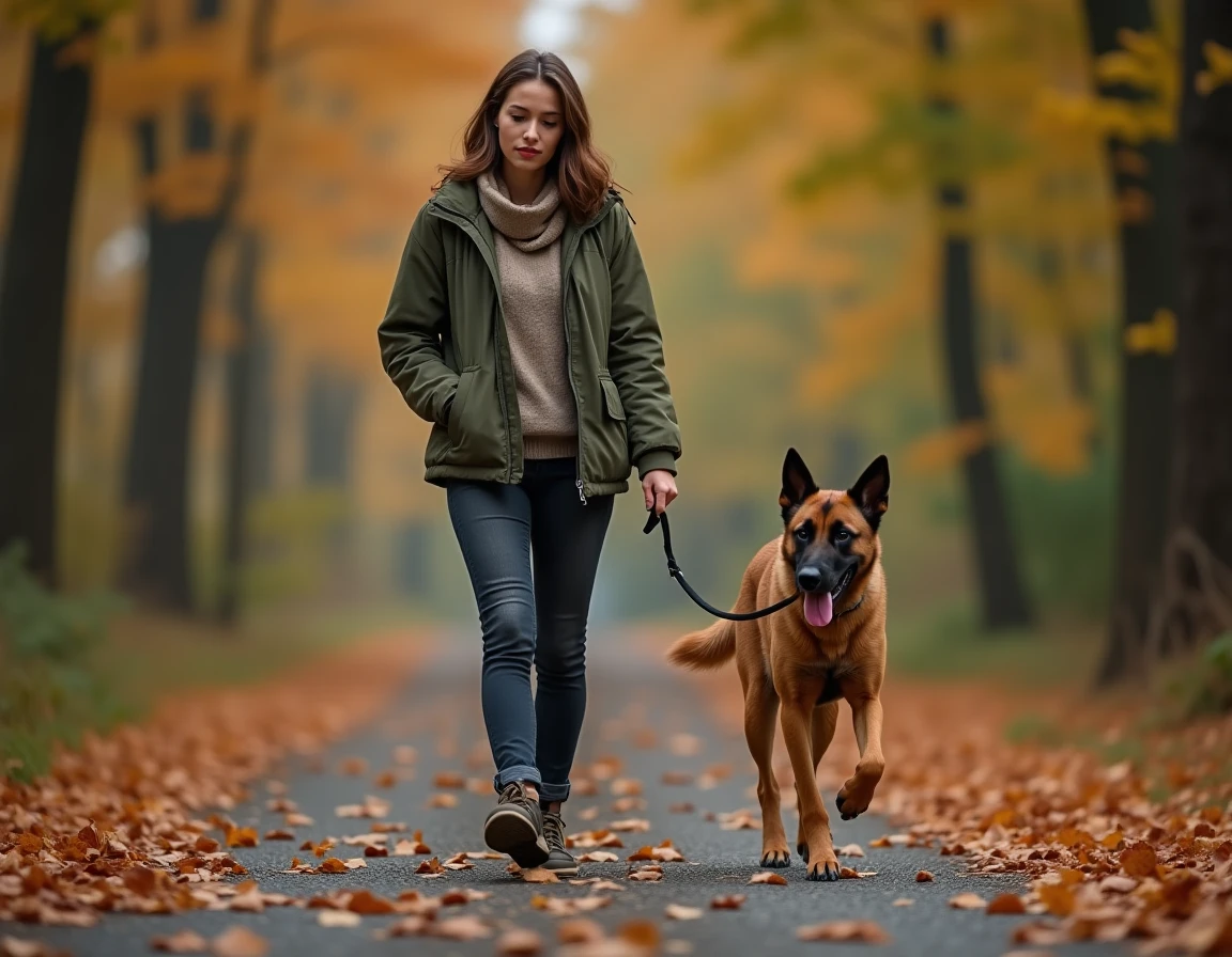 Femme promenant son chien croisé Malinois en forêt automnale sur un chemin de gravier, lien naturel entre maître et animal