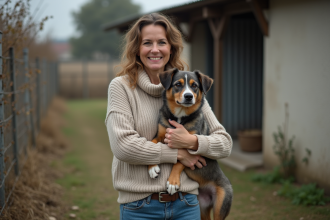 Femme avec chien recueilli devant refuge animalier