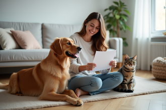 Femme souriante avec chien et chat dans un salon lumineux