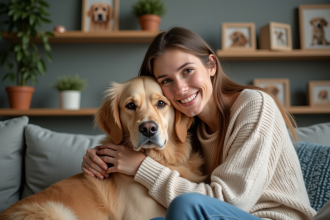 Jeune femme avec chien retriever dans un salon chaleureux