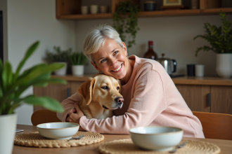 Femme souriante avec retriever dans la cuisine chaleureuse
