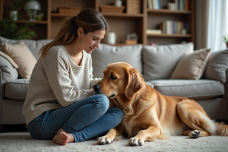 Femme assise avec son retriever triste dans un salon cosy