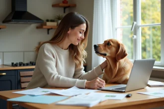 Jeune femme avec chien golden retriever dans la cuisine