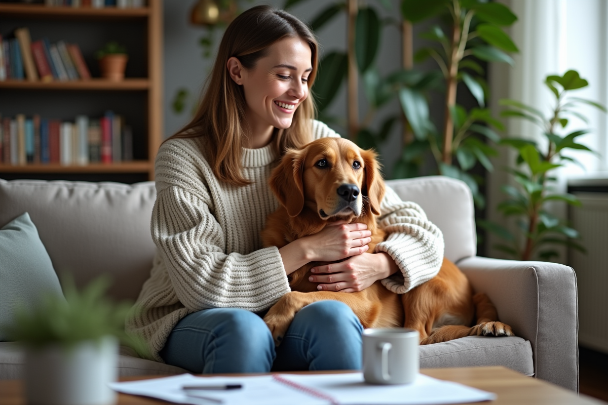 Femme souriante avec un retriever dans un salon moderne