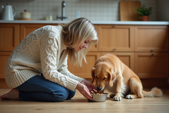 Femme en pull câblé encourage son chien à manger