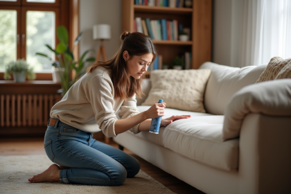 Femme appliquant un traitement anti-puces sur un canapé