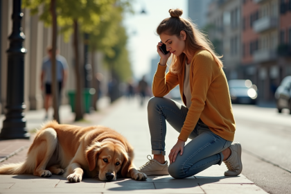 Femme inquiète appelant pour son chien blessé sur le trottoir