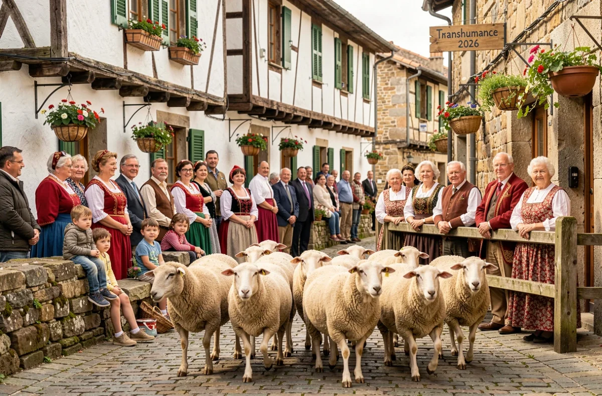 Habitants du Pays Basque assistant au passage des moutons lors d'une fête de transhumance dans un village traditionnel