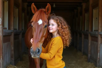 Jeune fille aux cheveux bouclés souriant contre un cheval alezan dans une écurie rustique, scène de complicité pour un film sur les chevaux en famille