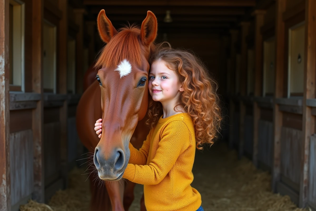 Jeune fille aux cheveux bouclés souriant contre un cheval alezan dans une écurie rustique, scène de complicité pour un film sur les chevaux en famille