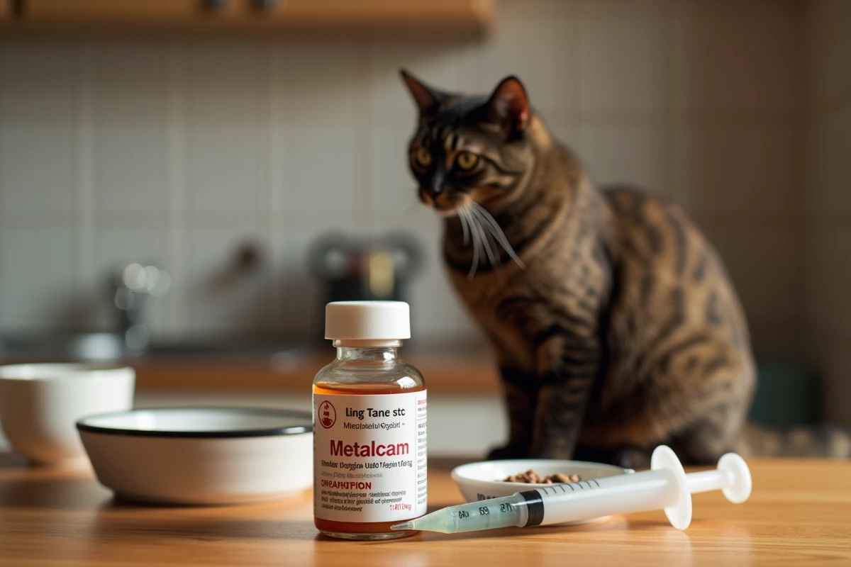 Flacon de Metacam avec seringue doseuse posés sur un comptoir de cuisine, illustrant l'administration quotidienne du médicament à un chat