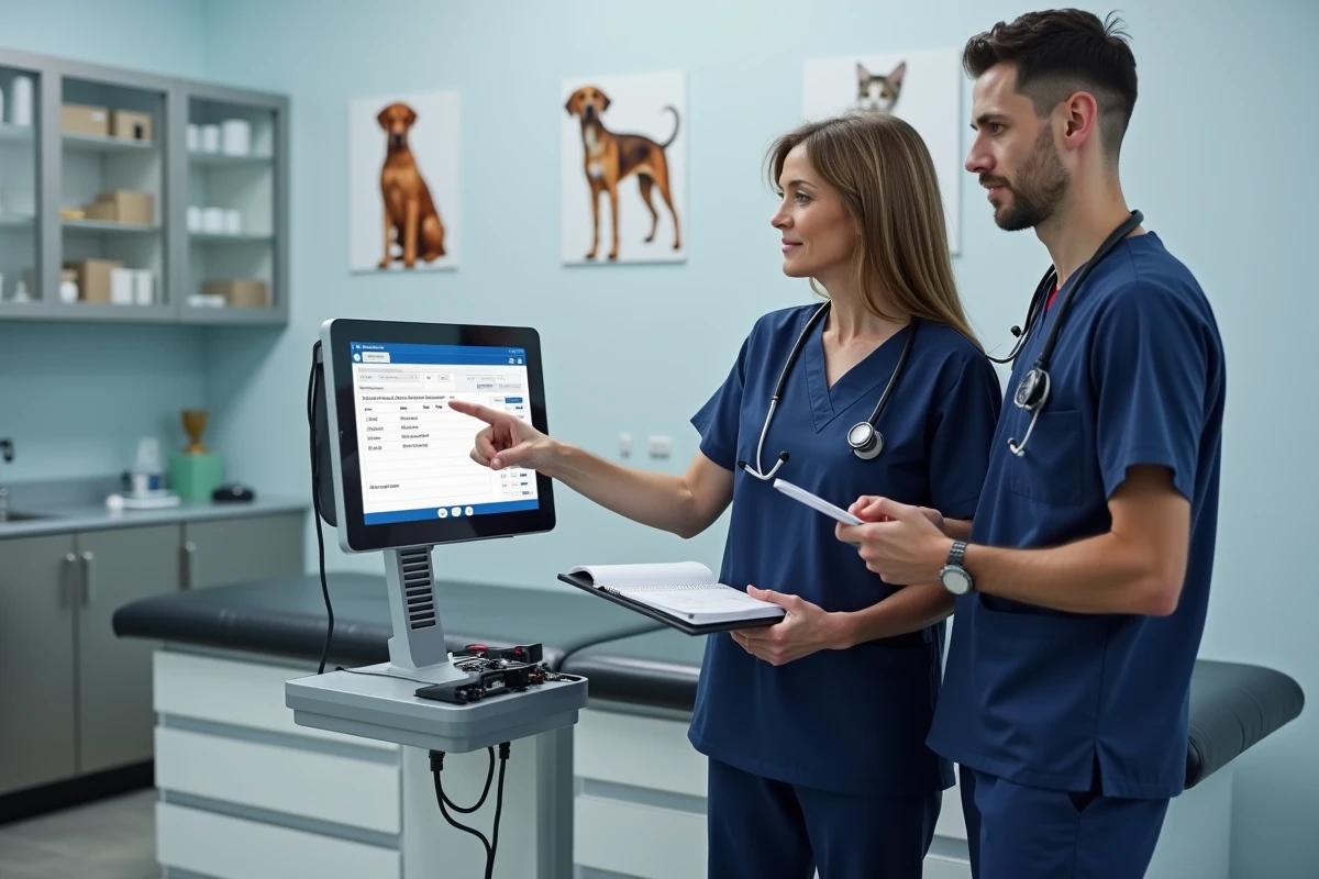 Vétérinaire expérimentée formant un jeune collègue à l'utilisation du logiciel GmVet sur tablette dans une salle d'examen