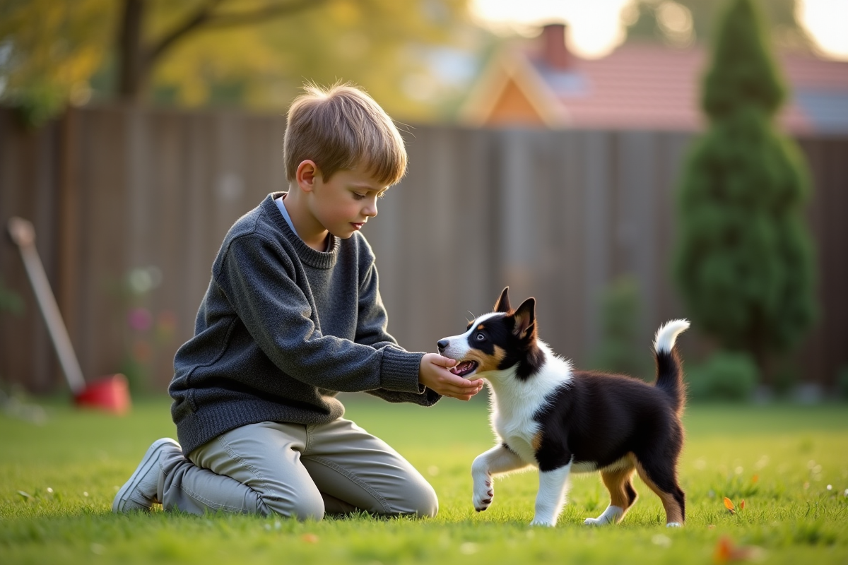 Garçon jouant avec un chiot border collie dans un jardin