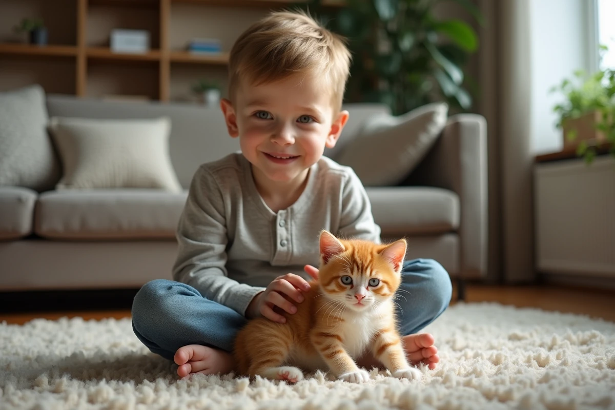 Jeune garçon avec chaton orange regardant la caméra