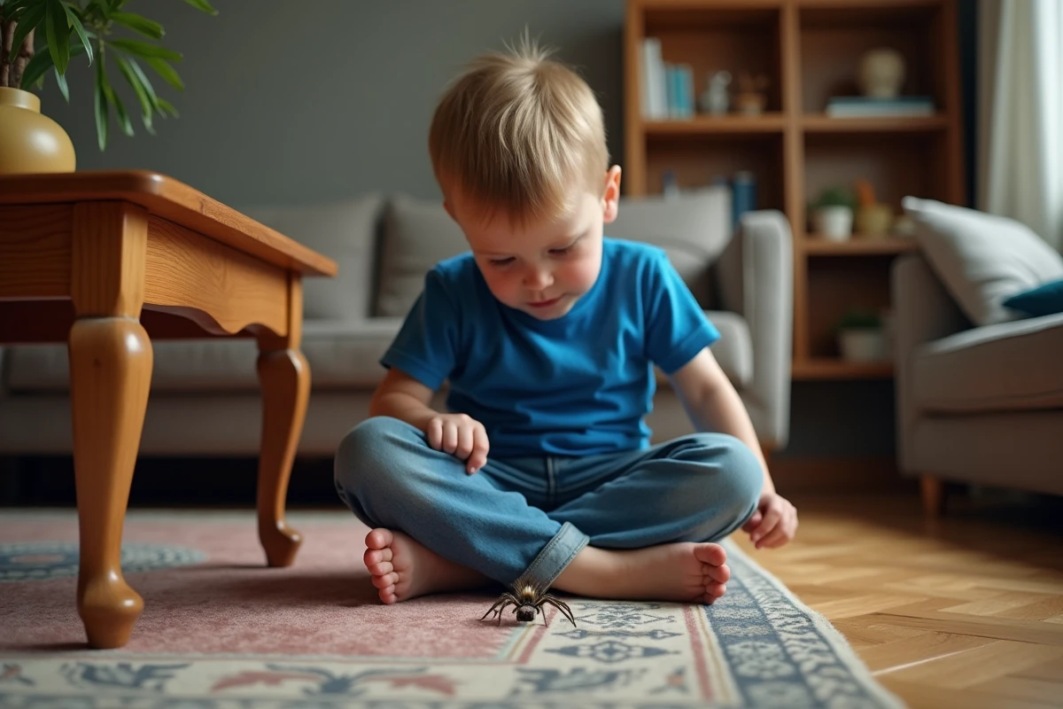 Jeune garçon observe une araignee dans le salon
