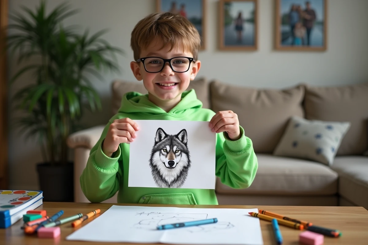 Garçon de 8 ans montrant fièrement son dessin de loup