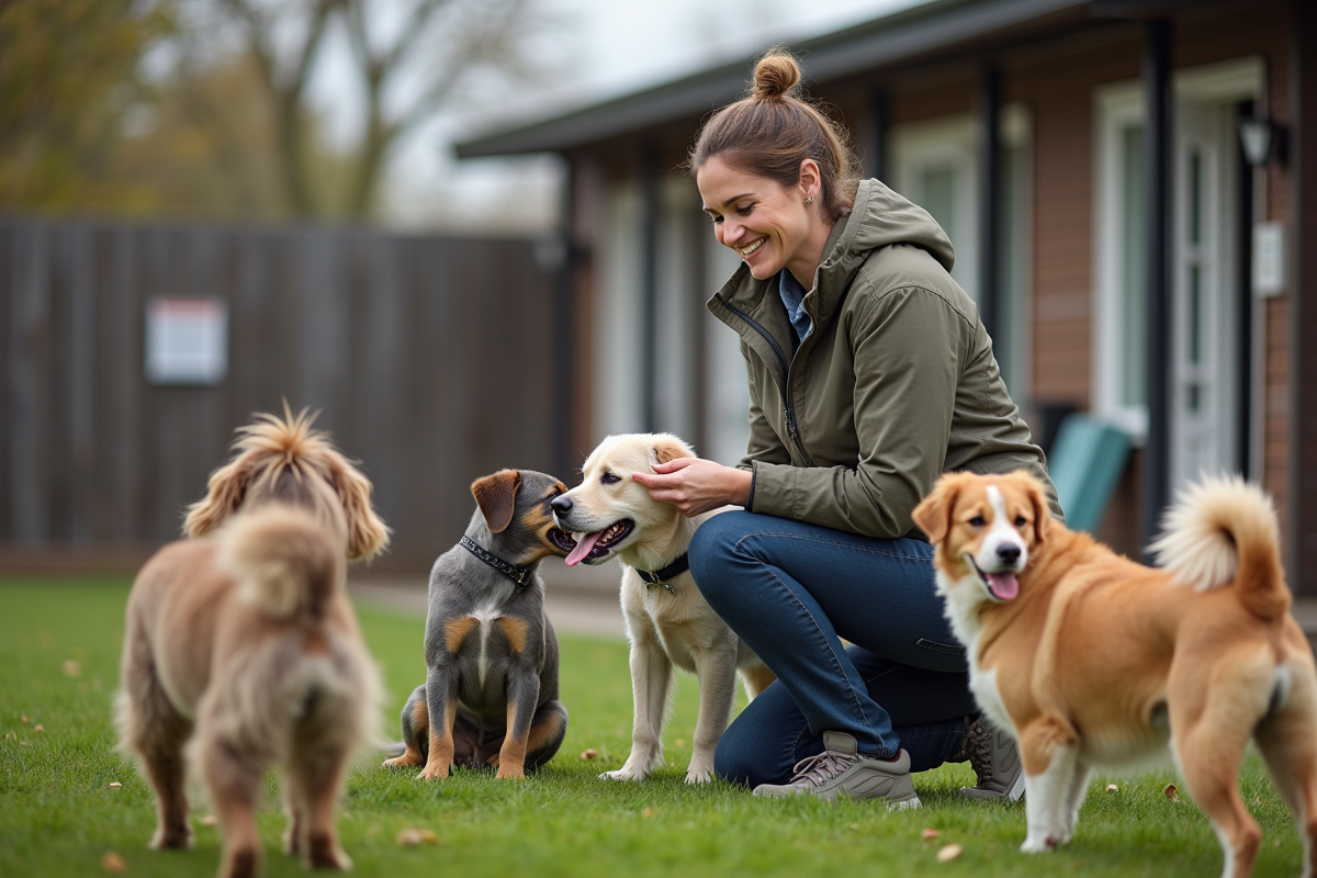 Femme guidant des chiens dans une pension canine