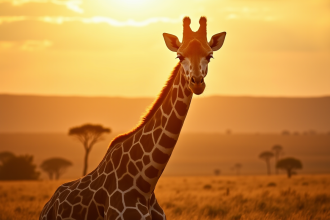 Girafe dans la savane africaine au coucher du soleil