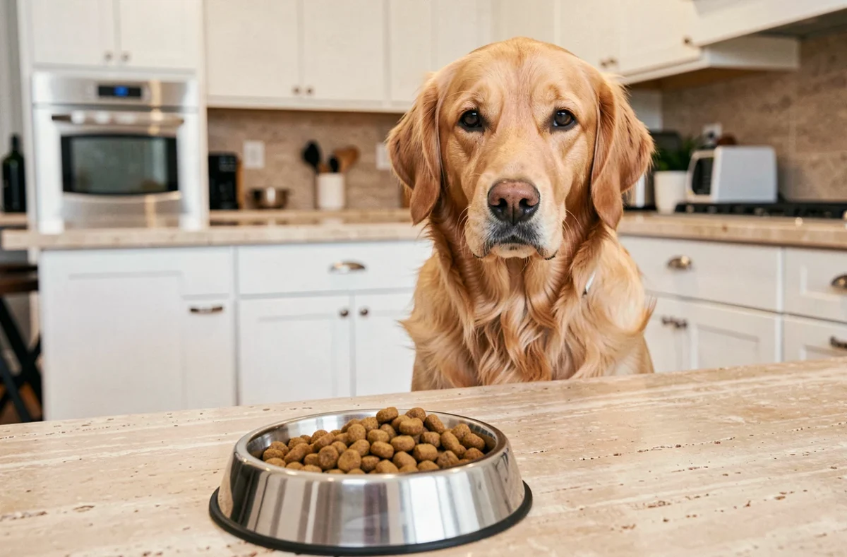 Golden retriever assis devant un bol de croquettes dans une cuisine moderne, illustrant le choix de l'alimentation canine