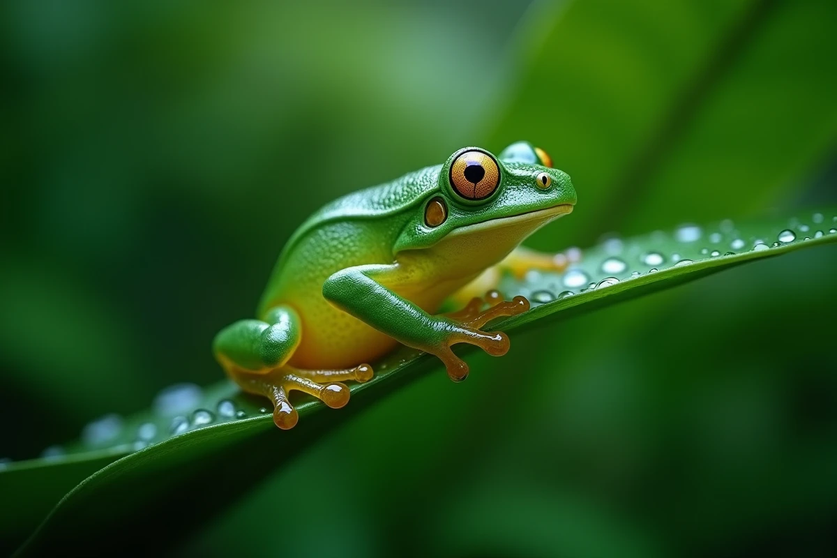 Grenouille de verre transparente accrochée à une feuille tropicale en Amazonie, animal rare aux organes visibles par transparence