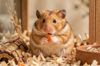 Hamster doré (syrien) aux joues gonflées grignotant une carotte dans un terrarium en bois et verre avec litière naturelle