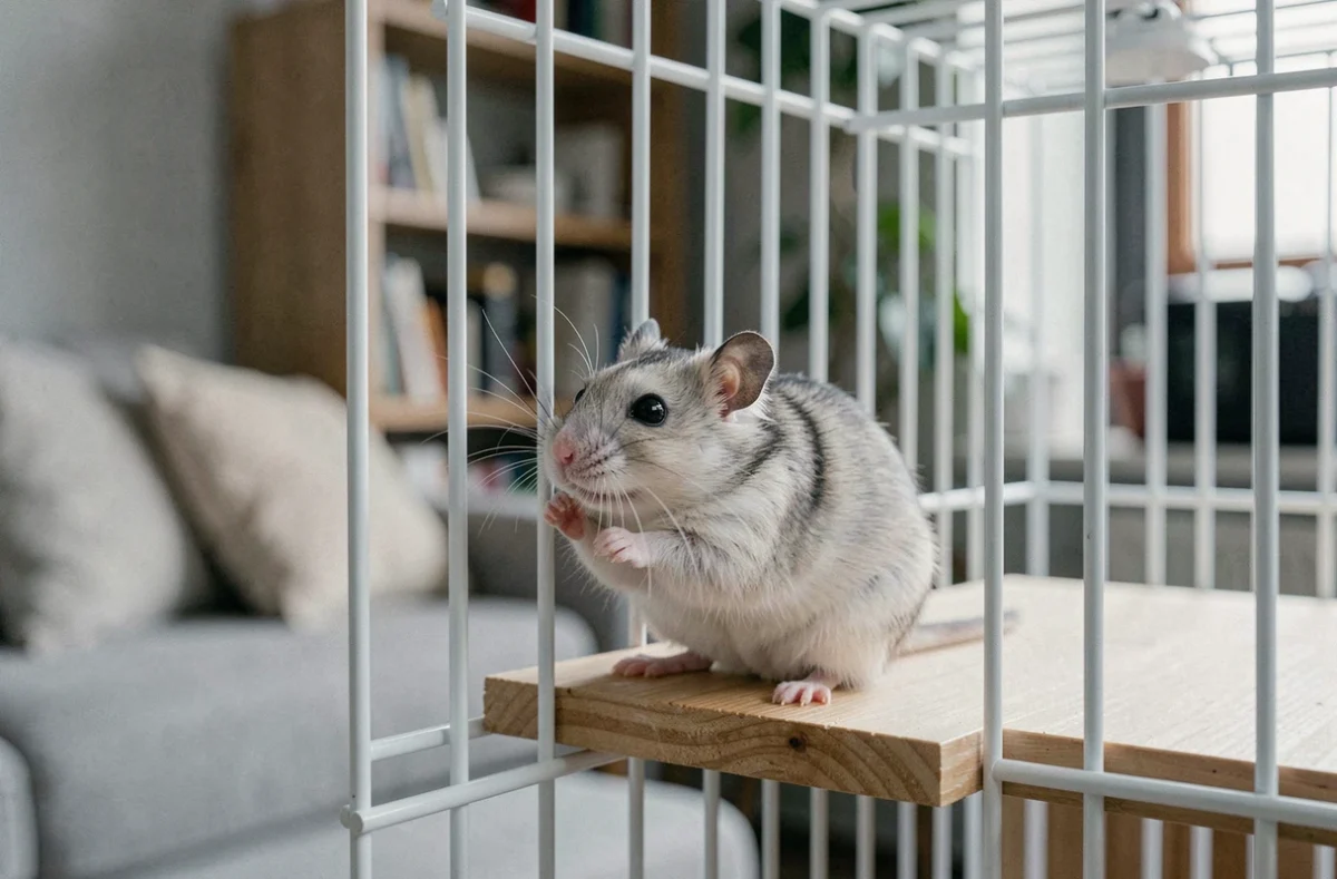 Hamster russe nain gris avec raie dorsale sombre dans une cage blanche moderne, environnement familial en arrière-plan flou