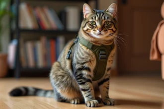 Grand chat tabby portant un harnais anti-évasion bien ajusté avec sangles réglables sur plancher en bois