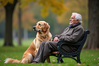 Homme âgé et chien golden retriever dans un parc