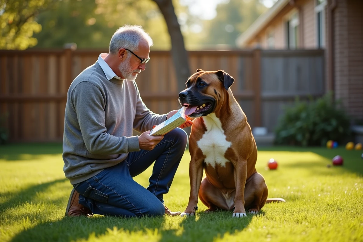Homme en jeans caressant son chien bulle XXL dans un jardin ensoleille