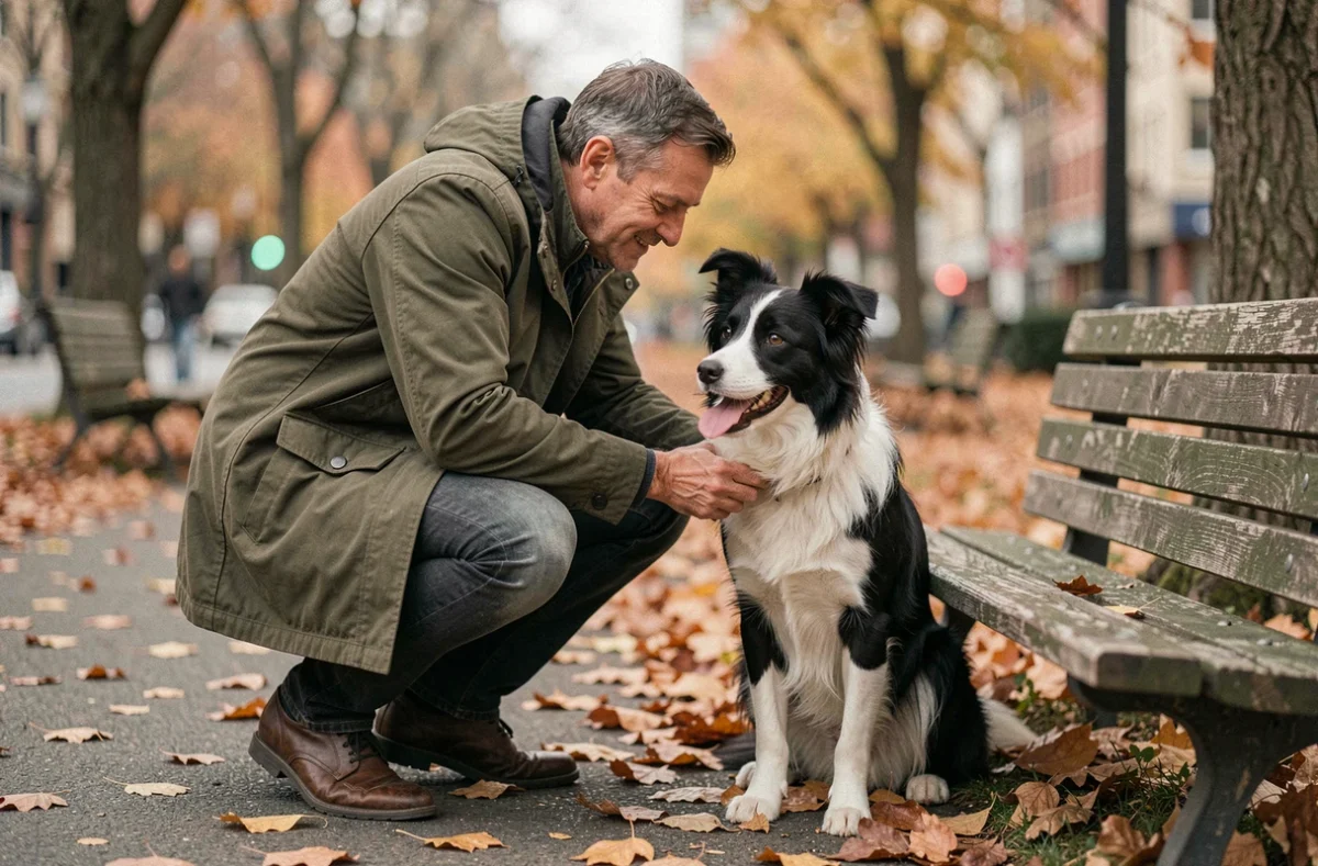 Homme en parc urbain automnal caressant un border collie, représentant le choix d'une race de chien adaptée à un mode de vie actif en ville
