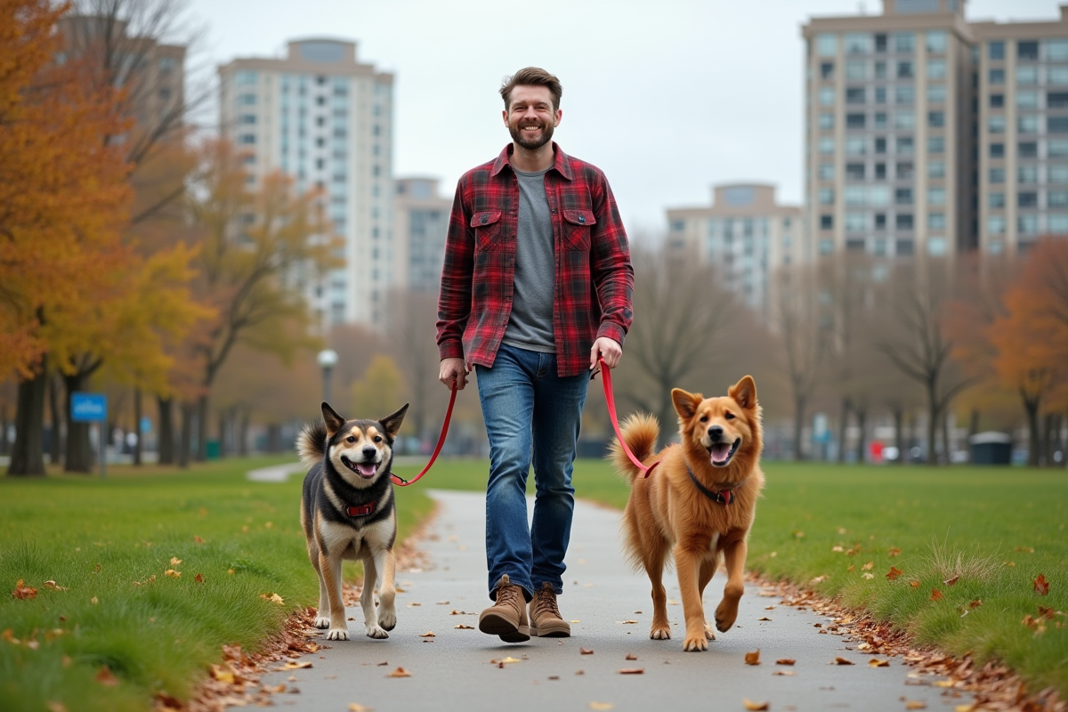 Homme marche avec chiens dans un parc urbain