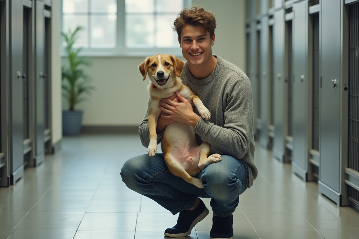 Jeune homme avec un chien adopté dans un refuge moderne