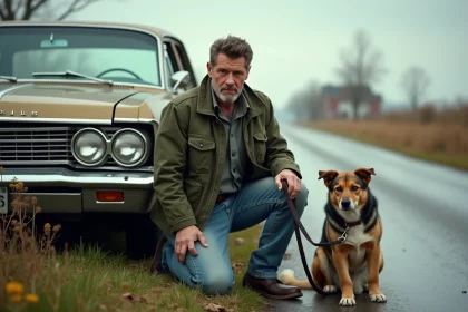 Homme en jeans et veste verte avec chien triste au bord de la route
