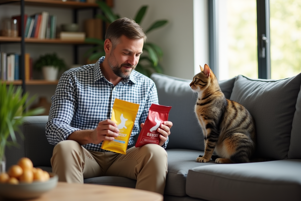 Homme comparant des sacs de nourriture pour chat dans un salon ensoleille