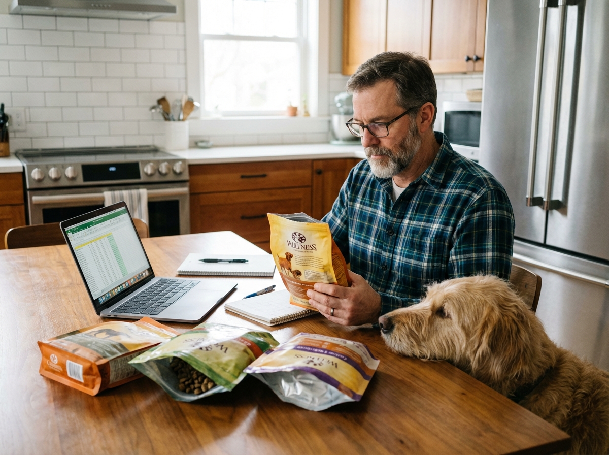 Homme à la maison lit des étiquettes de nourriture pour chien avec son chien