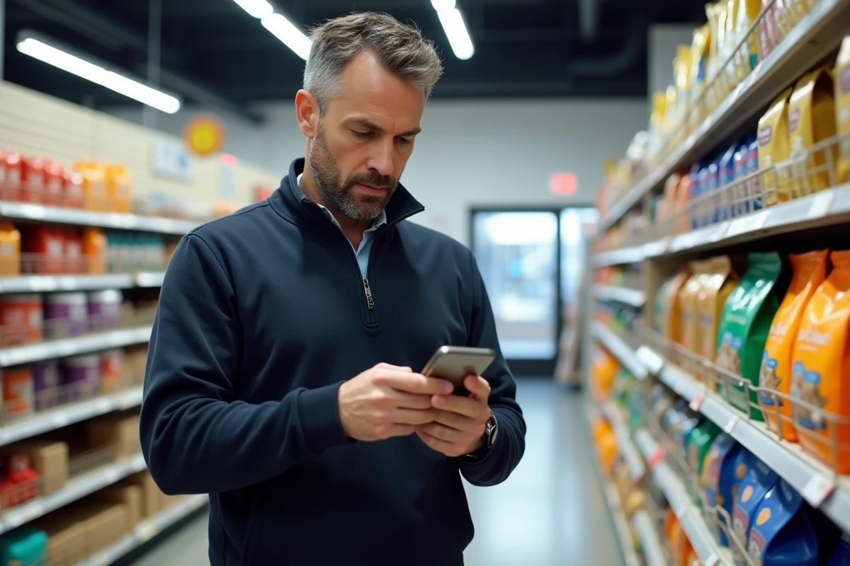Homme comparant des produits pour animaux en magasin en consultant des avis en ligne sur AnimalCenter
