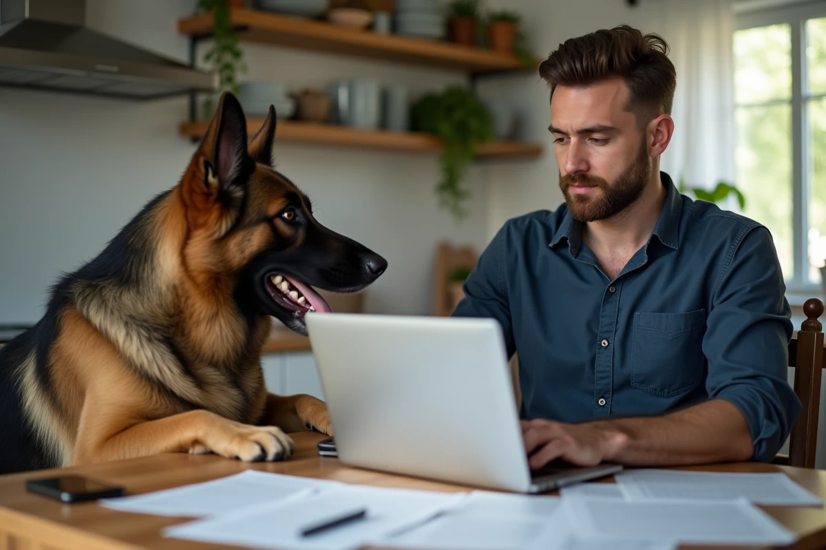 Homme comparant des assurances chien sur ordinateur portable avec son berger allemand assis à côté de lui dans une cuisine