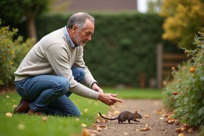 Homme curieux observe une petite souris dans le jardin
