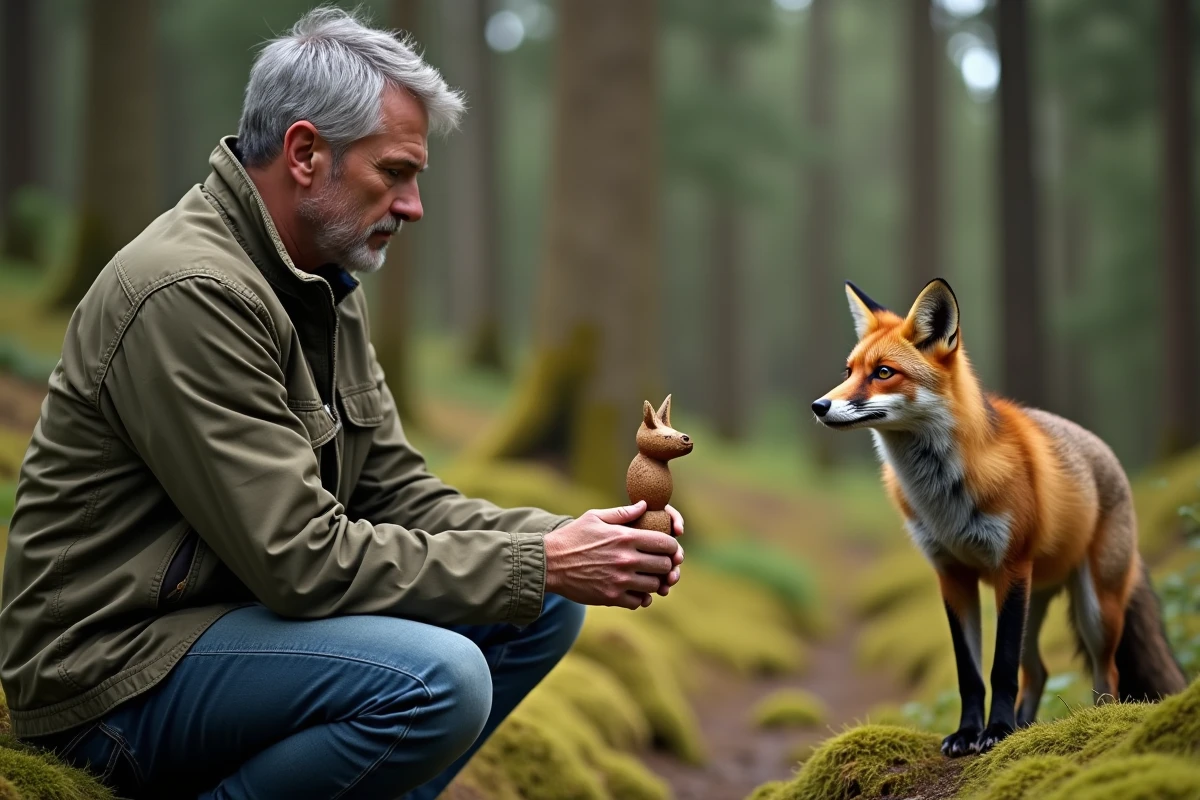 Homme avec totem en bois observant un renard en forêt