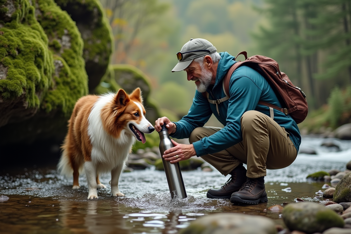 Homme remplissant une gourde pour son chien en forêt