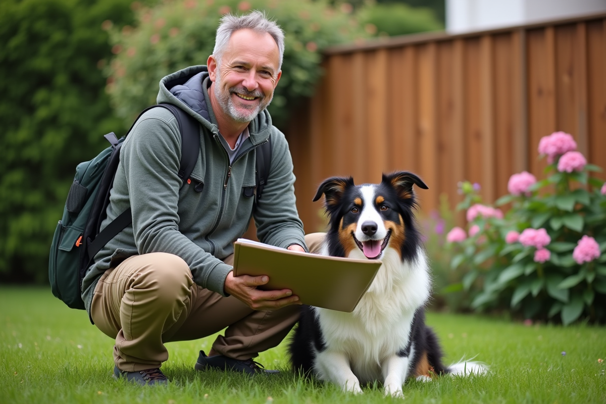 Homme dans le jardin avec son chien border collie