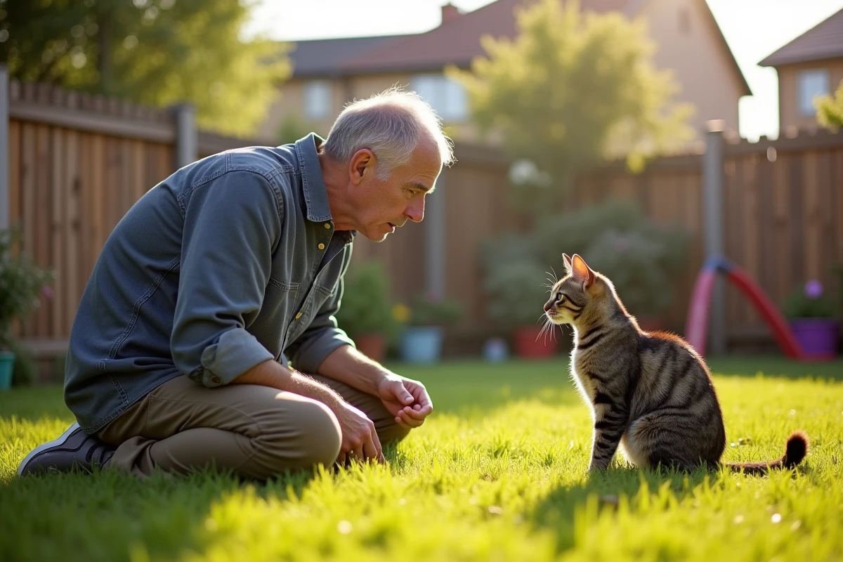Homme dans le jardin observant un chat tachete